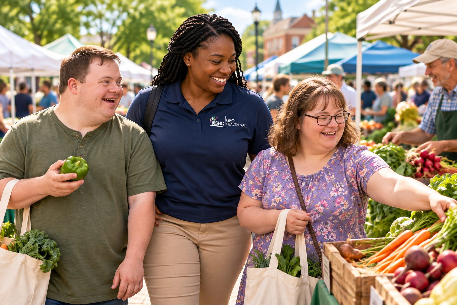 A Geo HealthCare support worker shopping at a farmers market with two individuals she supports