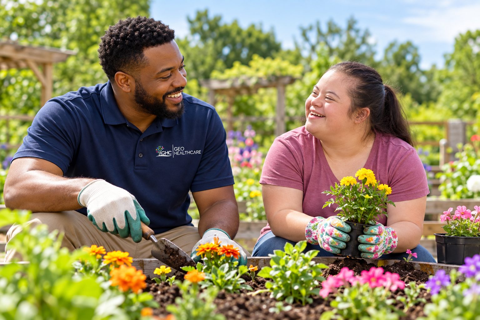 A Geo HealthCare coach gardening alongside the individual he supports