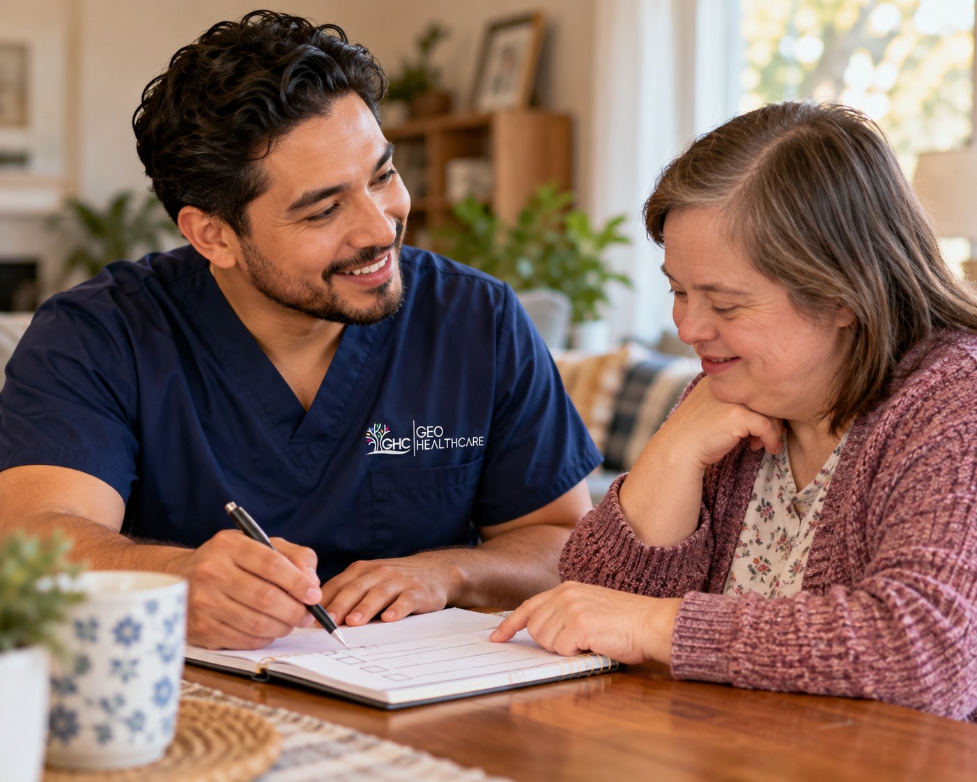 A Geo HealthCare coach and the individual he supports going over a goals checklist together at a table