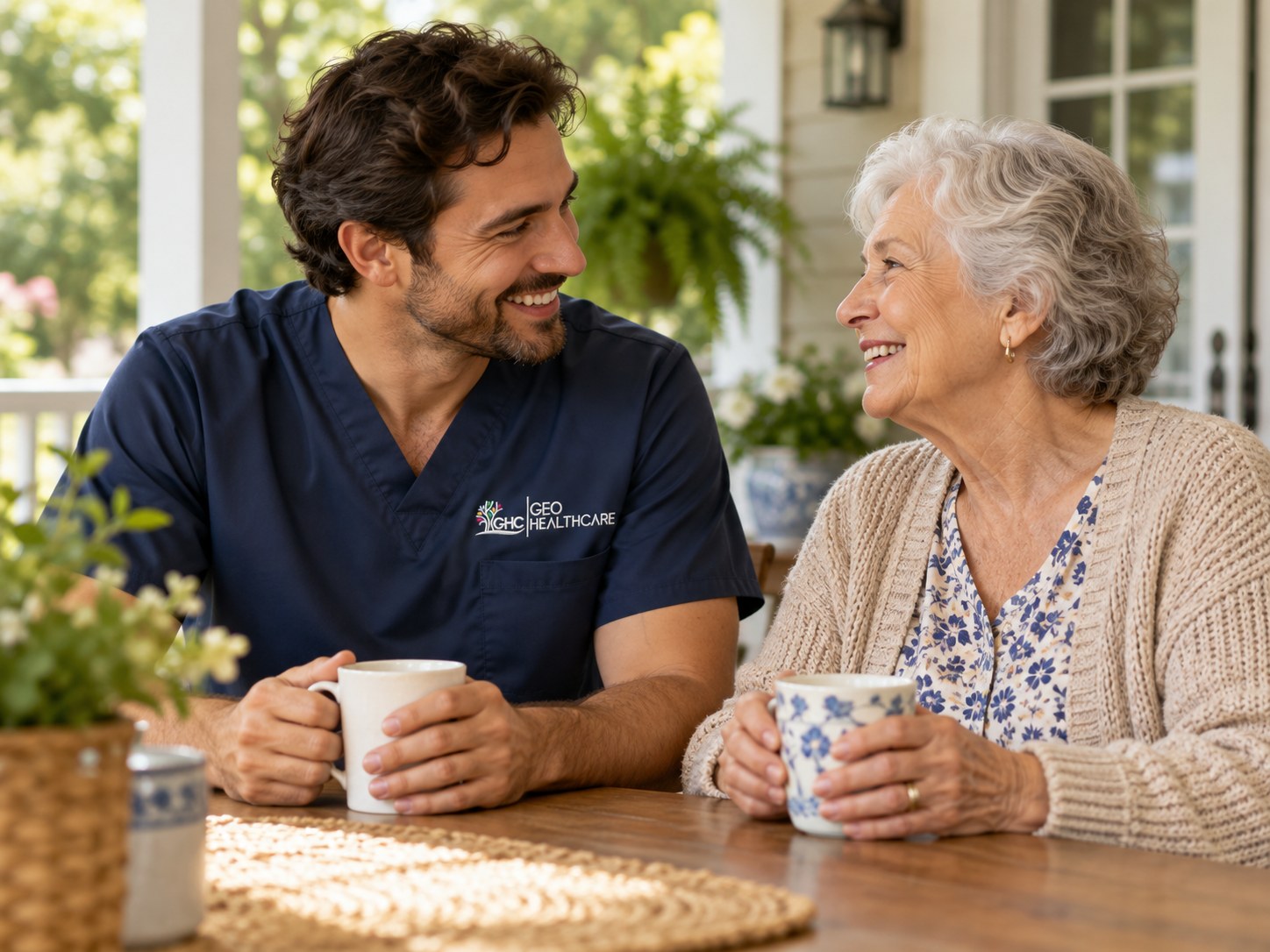 A Geo HealthCare home health aide sharing coffee and conversation with an older adult client on a sunny porch