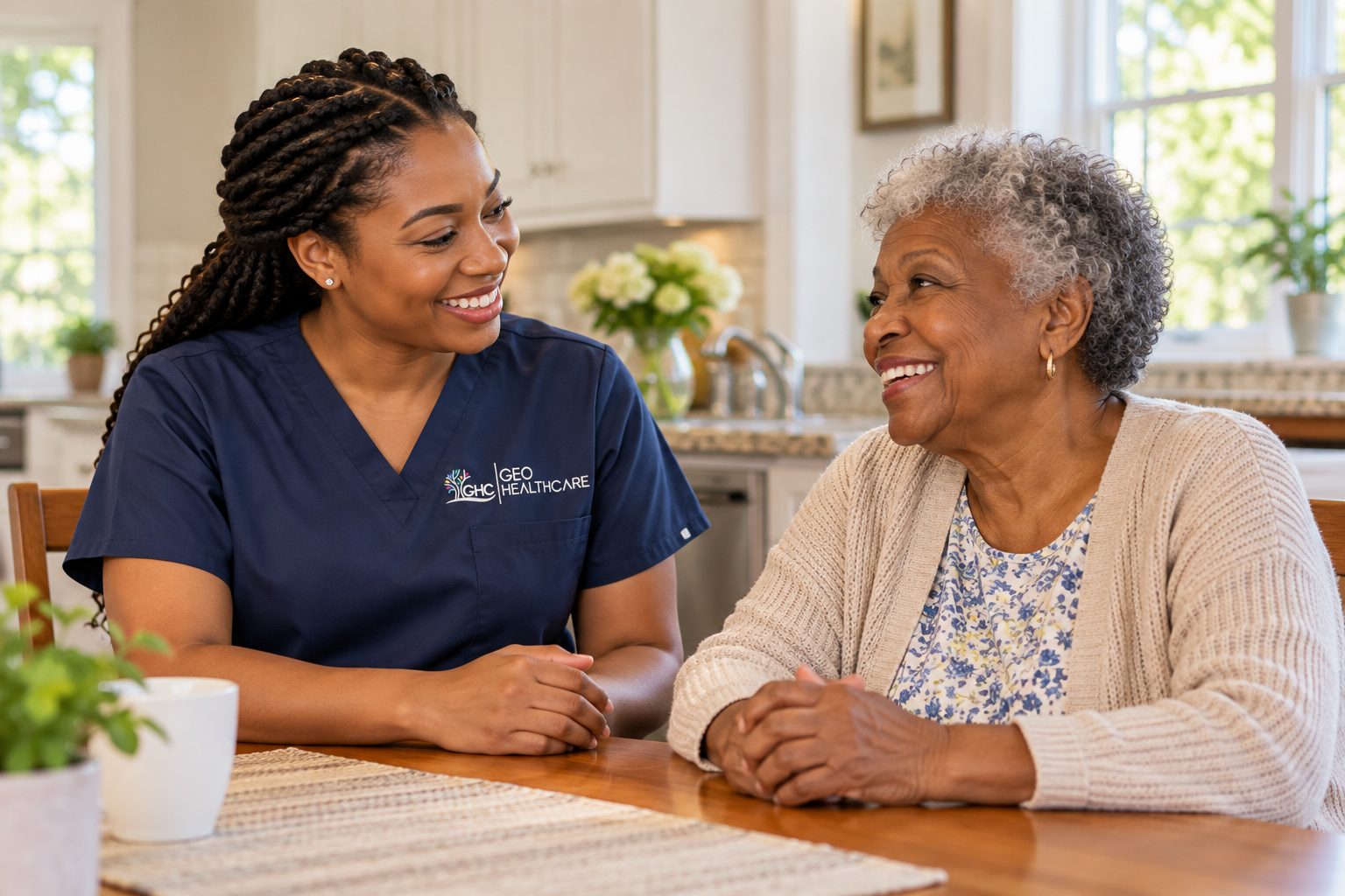 A Geo HealthCare caregiver holding hands with an older woman at her kitchen table