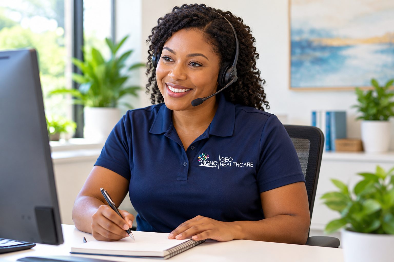 A Geo HealthCare intake team member on a headset call, taking notes at her desk
