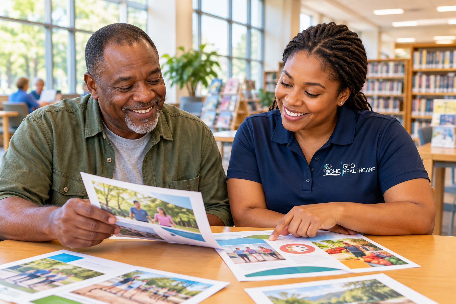 A Geo HealthCare staff member reviewing printed service materials with an older man at a library table