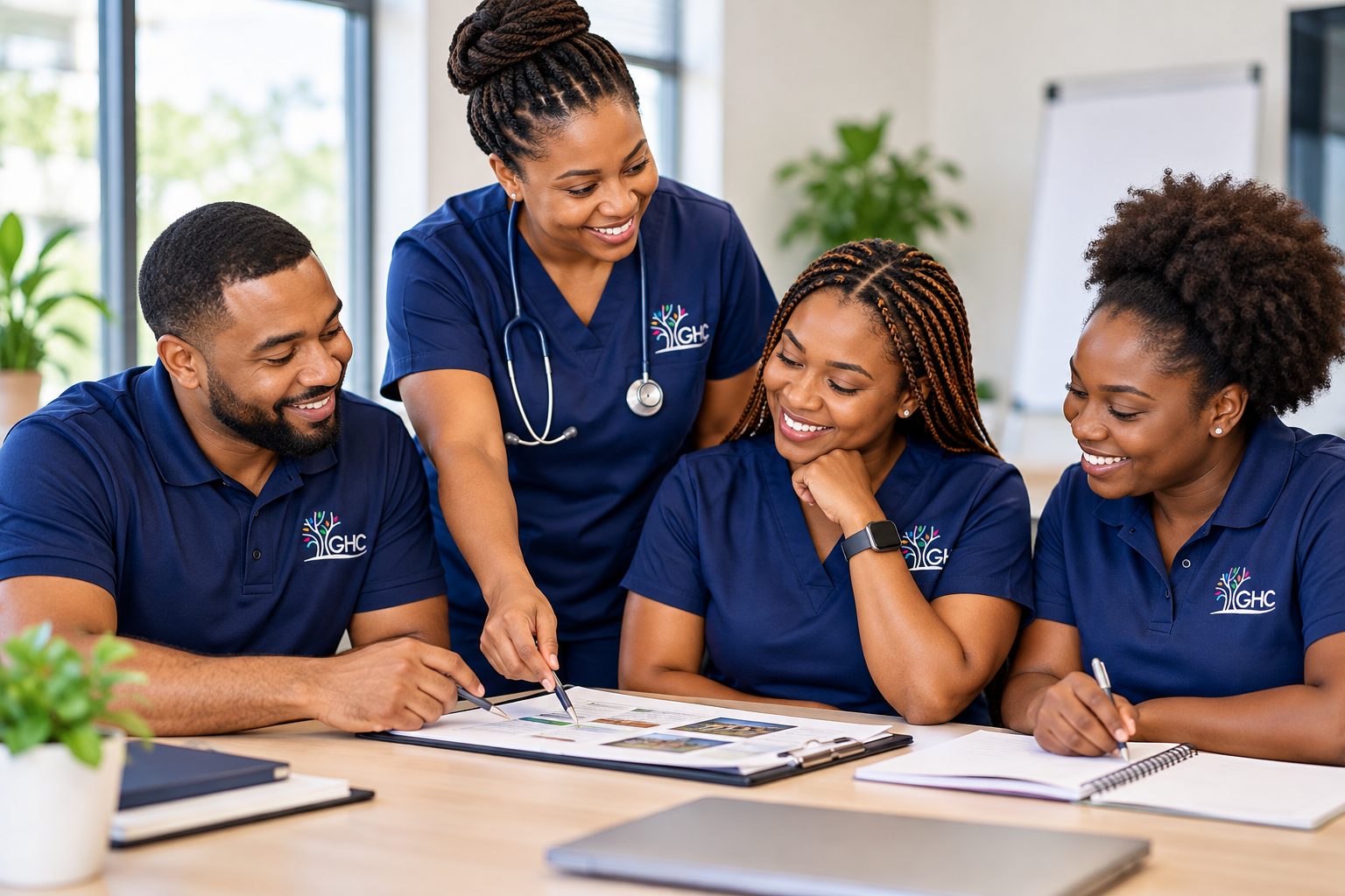 Four Geo HealthCare staff members reviewing notes together as a team